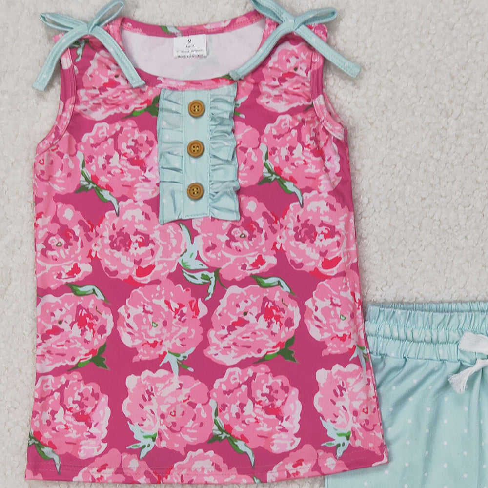4.08 GSSO2356 RTS NO MOQ Sleeveless pink floral top cotton shorts girls clothing set