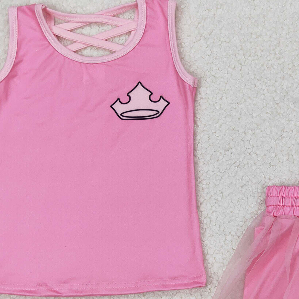 4.30 GSD2066 RTS NO MOQ Baby Girls Hot Pink Sleeveless Crown Top Tulle Skirt With Short Set