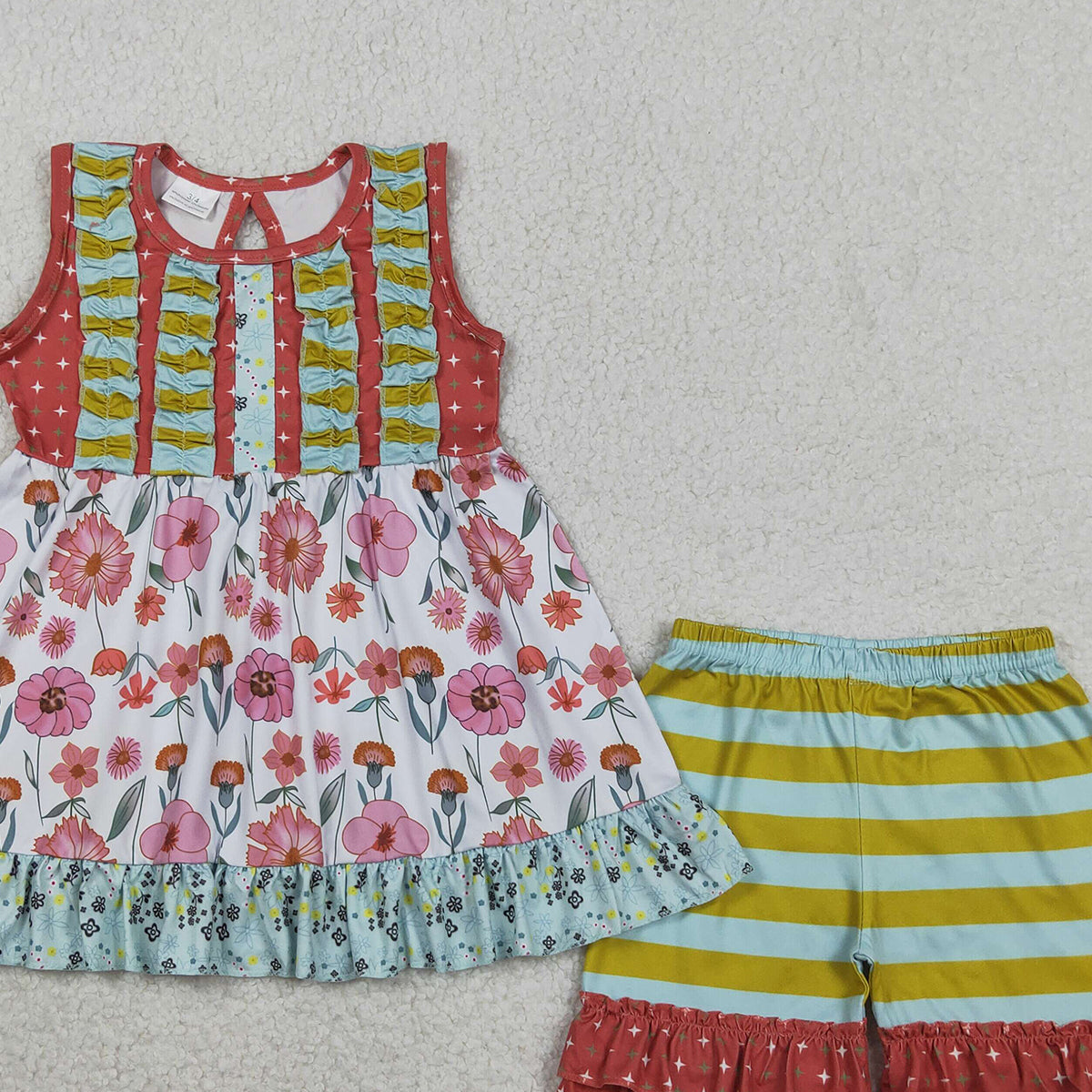 4.11 GSSO3740 RTS NO MOQ (In stock )Baby Girls Sleeveless Flowers Tunic Stripe Ruffle Short Clothes Sets