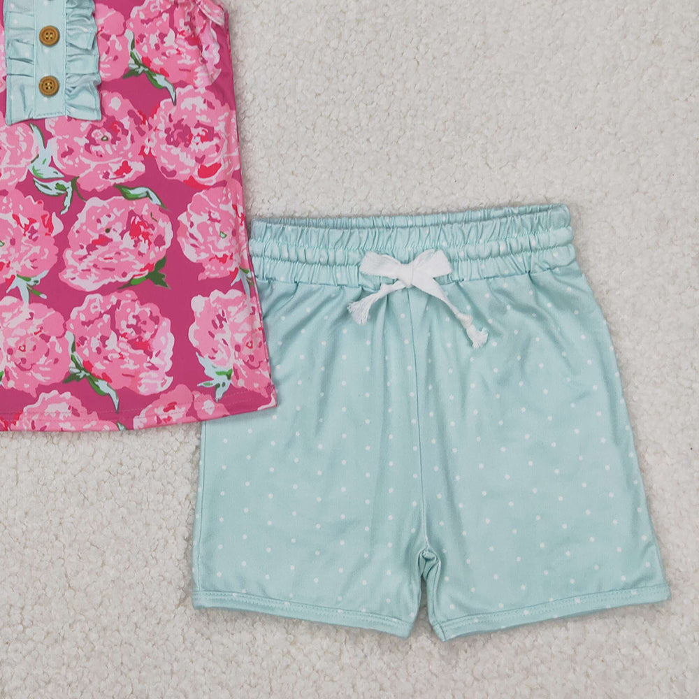 4.08 GSSO2356 RTS NO MOQ Sleeveless pink floral top cotton shorts girls clothing set