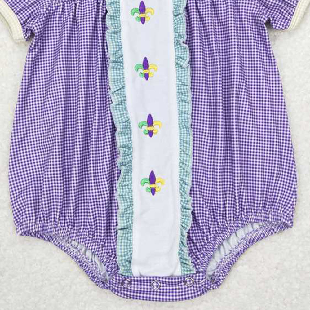 4.24 SR0471 RTS NO MOQ Purple short sleeves baby girls Mardi gras romper