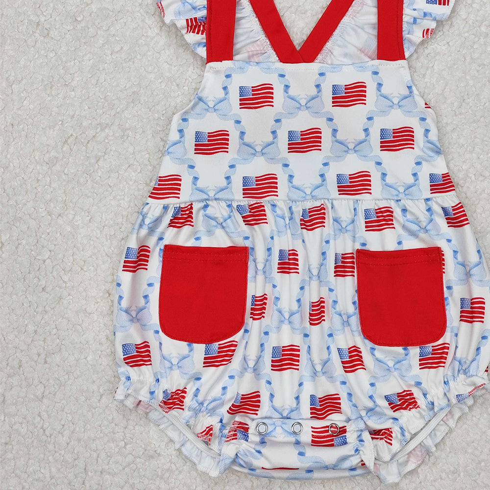 SR2331Baby Girls' 4th of July Romper with Flutter Sleeves And Bow Flag Design Red White And Blue Patriotic Outfit for Infants