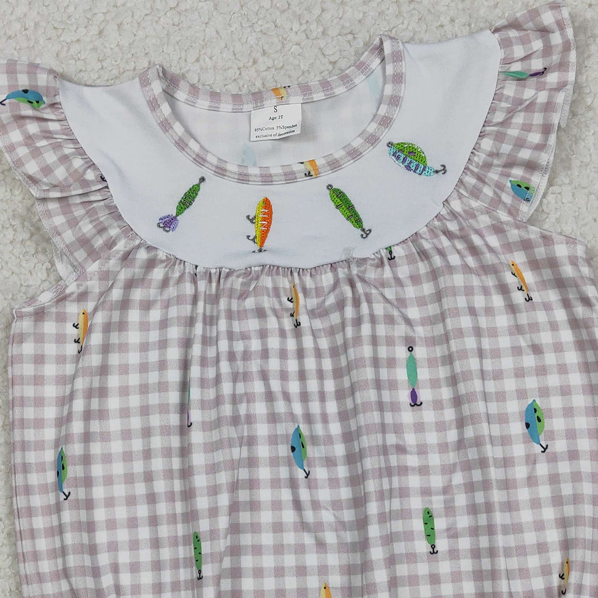 12.16 RTS NO MOQ (In stock)SR3395 Baby Girls Summer Rompers Embroidery Fishing Baby Girls Flutter Sleeve Checked Hunting Rompers