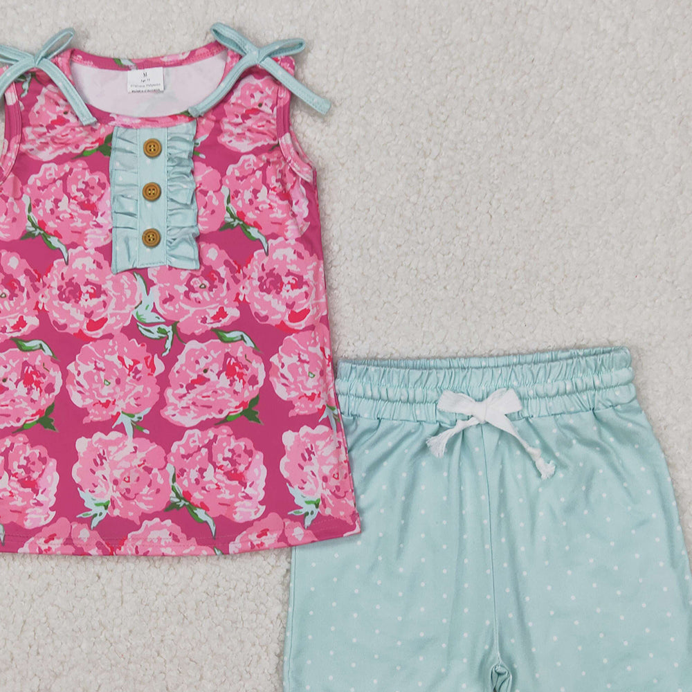 4.08 GSSO2356 RTS NO MOQ Sleeveless pink floral top cotton shorts girls clothing set