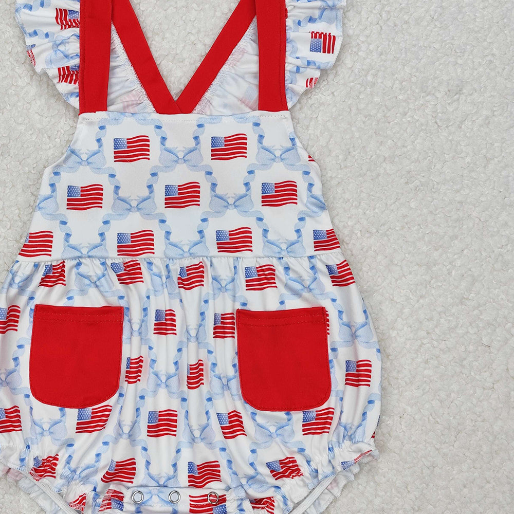 SR2331Baby Girls' 4th of July Romper with Flutter Sleeves And Bow Flag Design Red White And Blue Patriotic Outfit for Infants