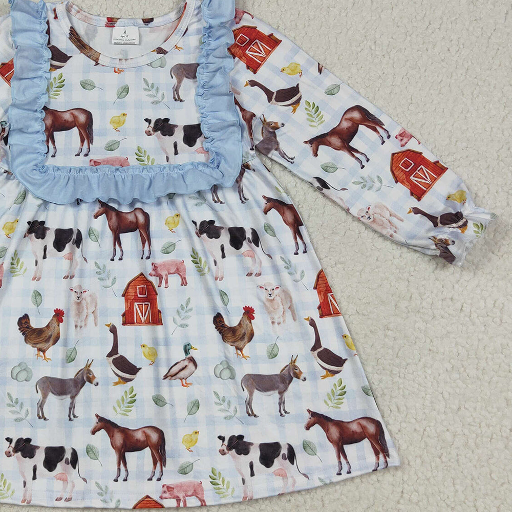 RTS NO MOQ (In stock)GLD1171 Baby Girls Winter Dress Baby Girls Fall Houses Chicks Farm Knee Length Dresses