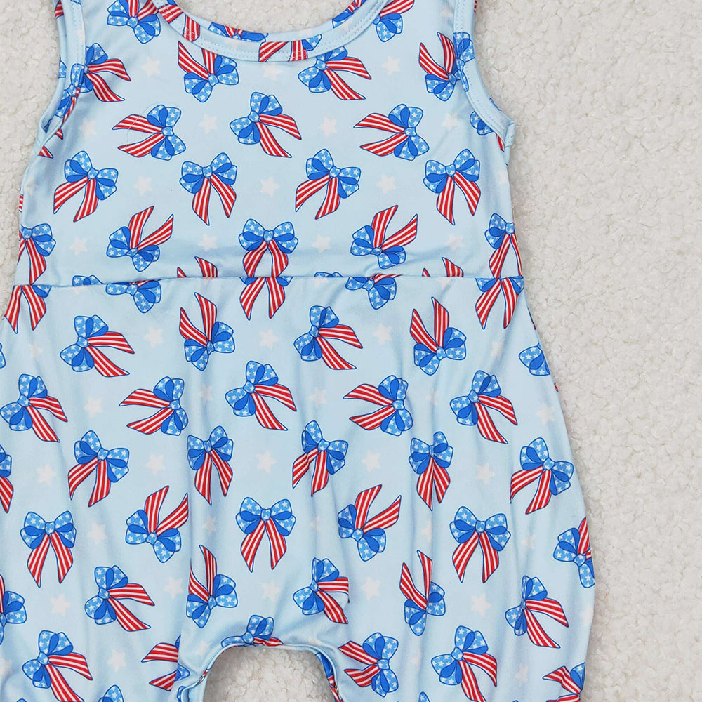 SR2729 RTS NO MOQ Straps light blue stars stripe bow baby girls 4th of july romper