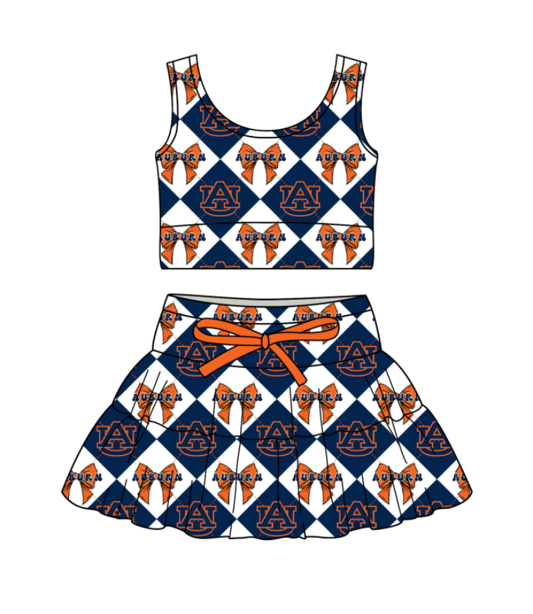 CUSTOM MOQ 5 Baby Girl Clothes Dark Blue Bow Plaid Top Skirts Yoga Active Team Clothes Sets