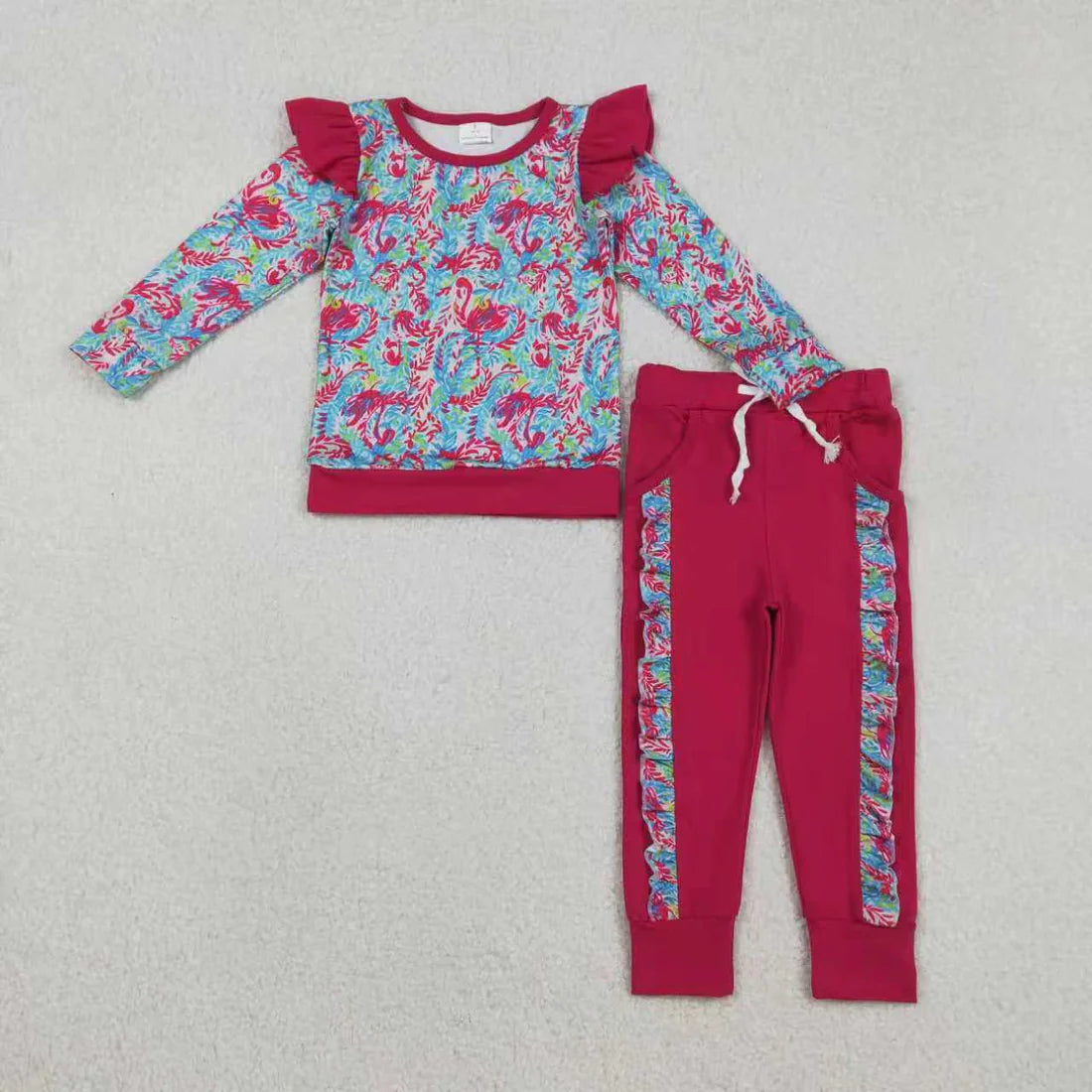 12.4 RTS Sibling Baby Girls Watercolor Floral Top Pockets Ruffle Jogger Pants Clothes Sets