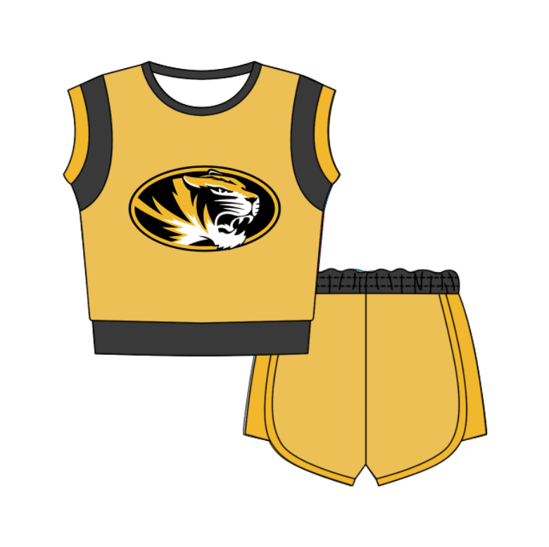 CUSTOM MOQ 5 Cute Comfortable Clothing For Kids Baby Kids Summer Yellow Tiger Sleeveless Patchwork Top Shorts Clothes Sets