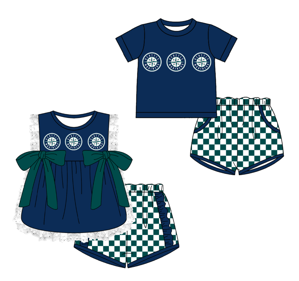 CUSTOM MOQ 5 Cute Comfortable Clothing For Kids Sibling Boys Baby Girls Summer Blue Bow Top Green Checked Shorts Team Clothes Sets