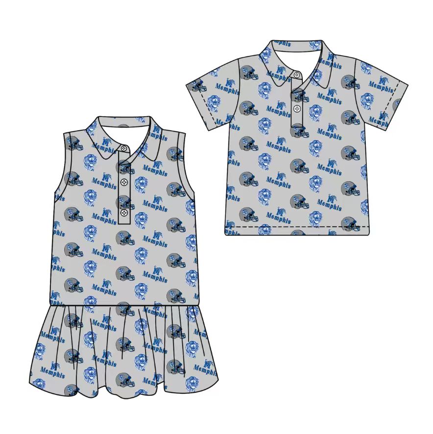 3.11 CUSTOM MOQ 5 Sibling Boys Baby Girls Summer Fashion Short Sleeve Gray Blue Hat Shirt Sleeveless Dress Team Clothes Sets