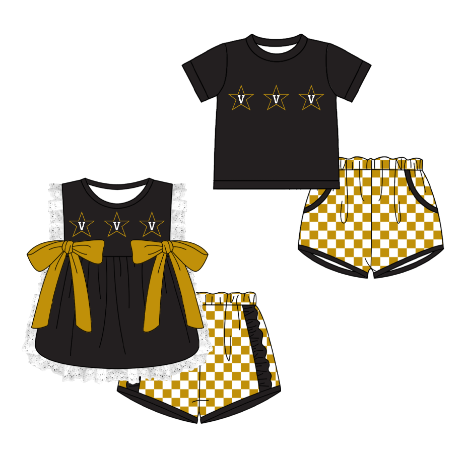 CUSTOM MOQ 5 Cute Comfortable Clothing For Kids Sibling Boys Baby Girls Summer Black V Top Checked Shorts Team Clothes Sets