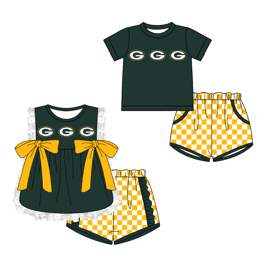 CUSTOM MOQ 5 Cute Kids Clothing Sibling Boys Baby Girls Summer Green G Bow Top Yellow Checked Shorts Team Clothes Sets