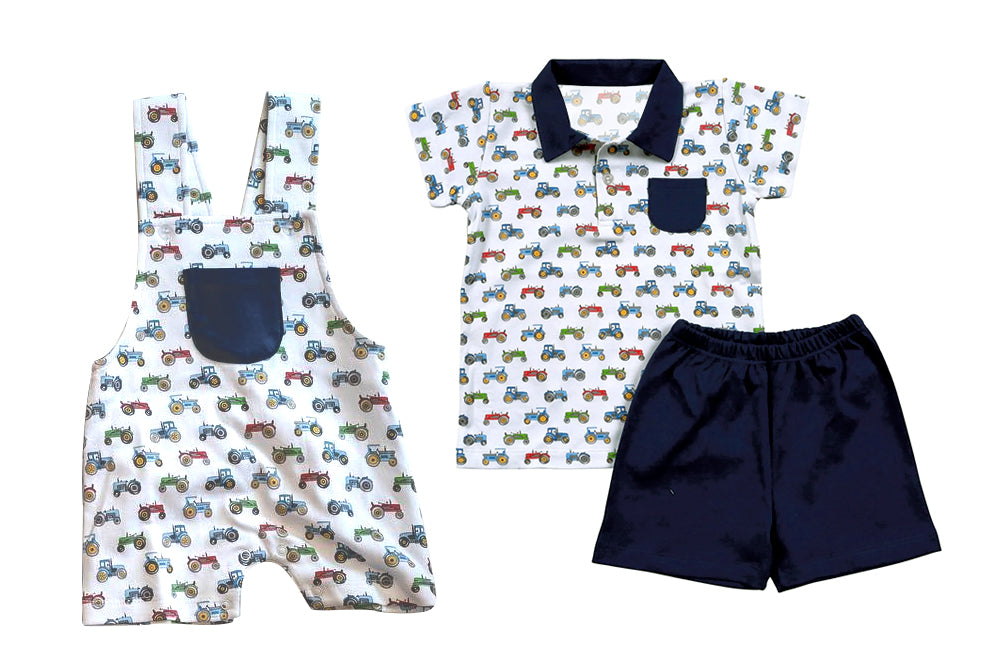 Baby Boys Short Sleeves Button Down Pocket Trucks Top Navy Short Farm Set