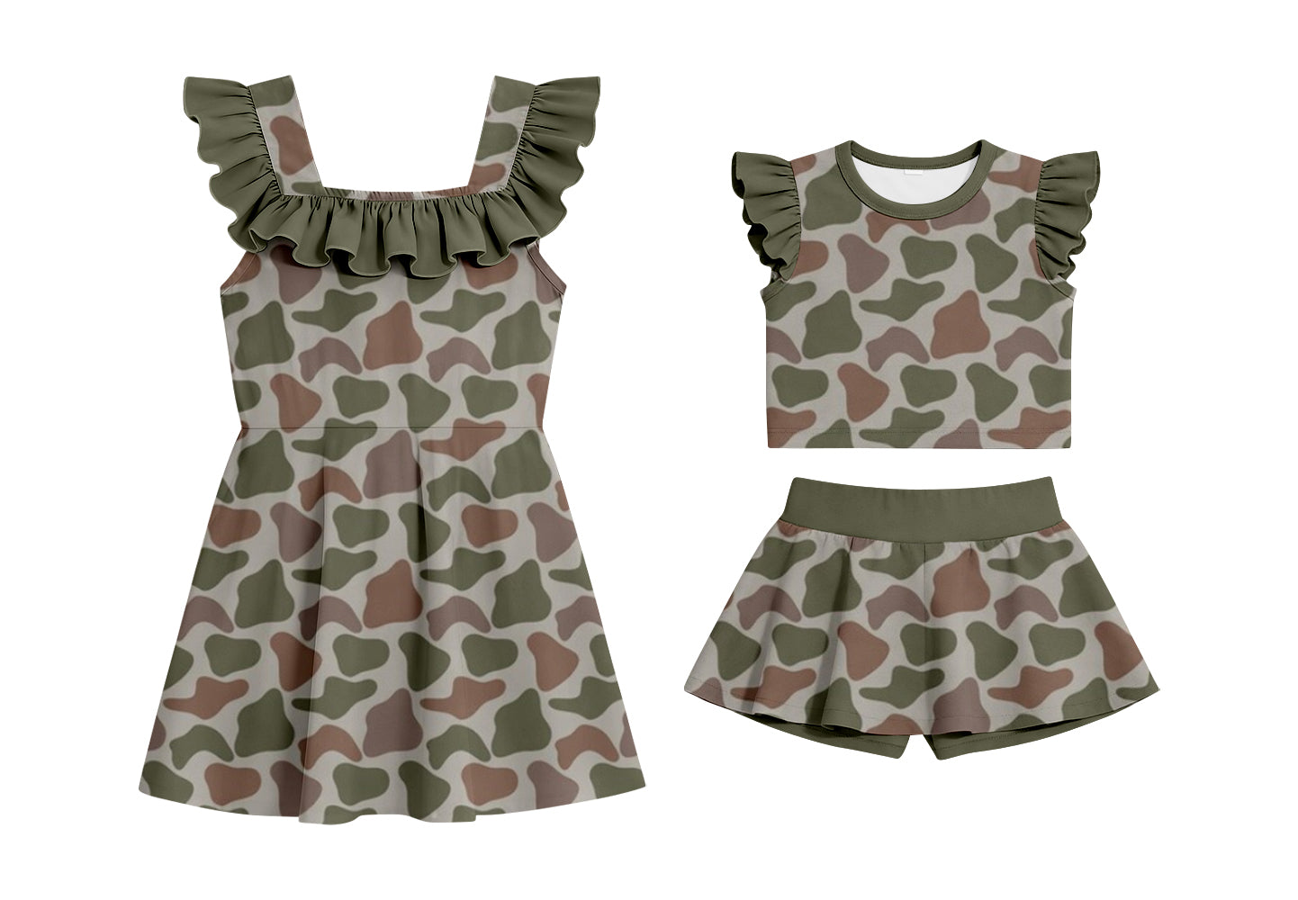 CUSTOM MOQ 5 Sibling Baby Girls Sleeveless Camo Shorts Set Knee Length Dresses