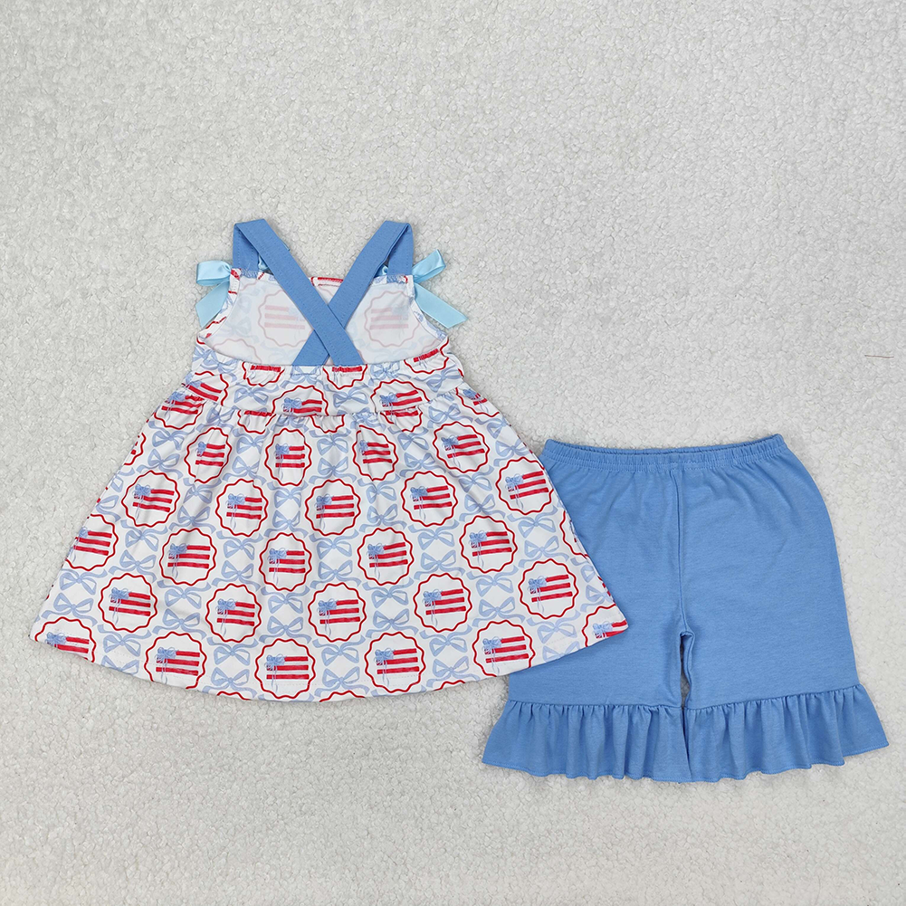 GSSO2074Kids Girls Blue Straps Bow Flag Outfit 4th of July Patriotic Clothing