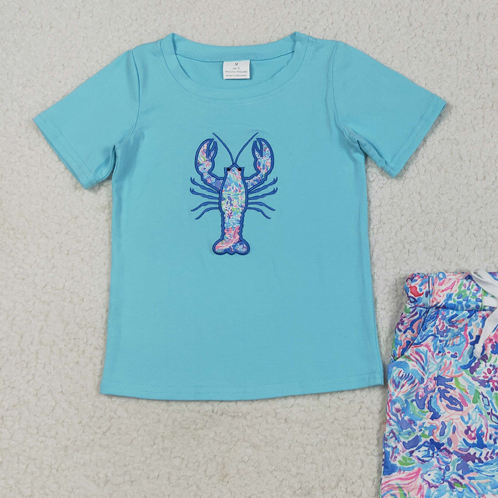 RTS NO MOQ (In stock)BSSO1479 Baby Boys Summer Boys Outfits Embroidery Baby Boys Blue Crayfish Top Pockets Short Sets