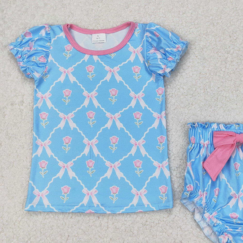 GBO0461 RTS NO MOQ Baby Girls Blue Short Ruffle Sleeves Bows Plaid Top Bummies Valentines Set