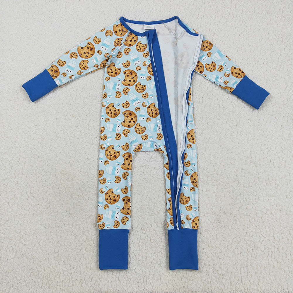 RTS NO MOQ (In stock)LR2397 Baby Boys Winter Rompers Baby Boys Blue Milk Cookies Christmas Zipper Pant Rompers