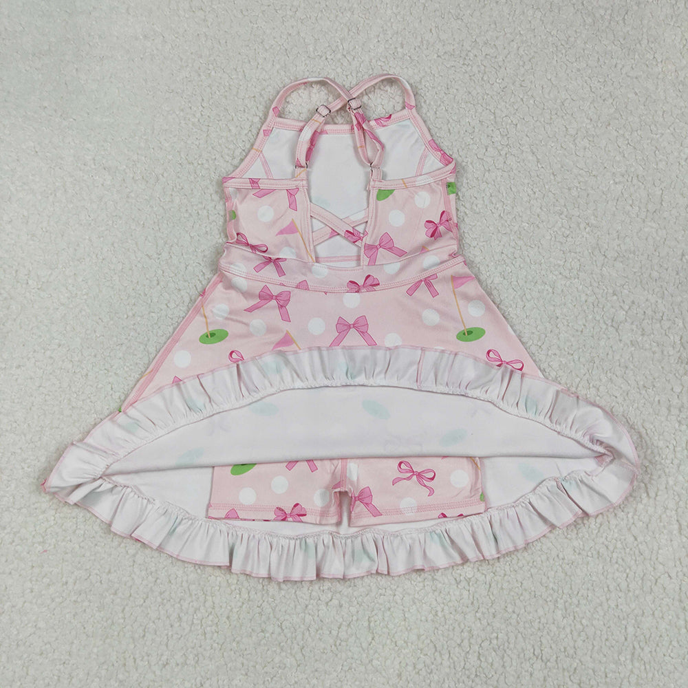 8.14 GSD2568RTS NO MOQ Baby Girls Summer Yoga Dress Baby Girls Strap Pink Bows Golf Flags Activity Wear Yoga Knee Length Dresses