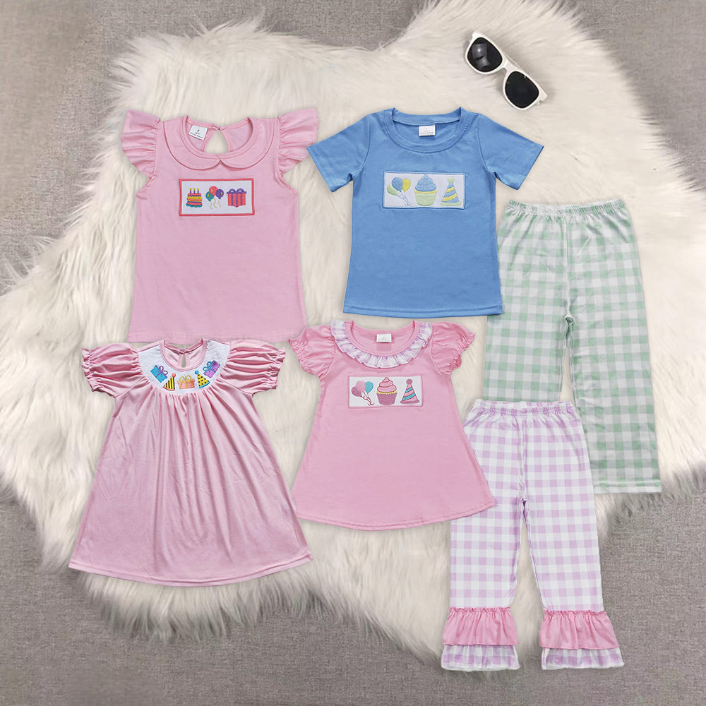 8.16 RTS Sibling Pink balloon cake tunic plaid pants happy birthday girls clothes tops dress