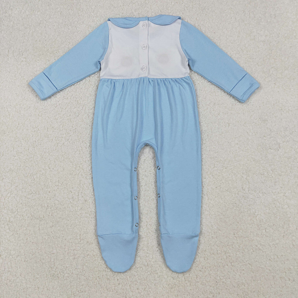 10.10 RTS NO MOQ (In stock)LR2562 Baby Boys Winter Rompers Embroidery Pumpkins Turkey Baby Boys Blue Thanksgiving Footed Rompers