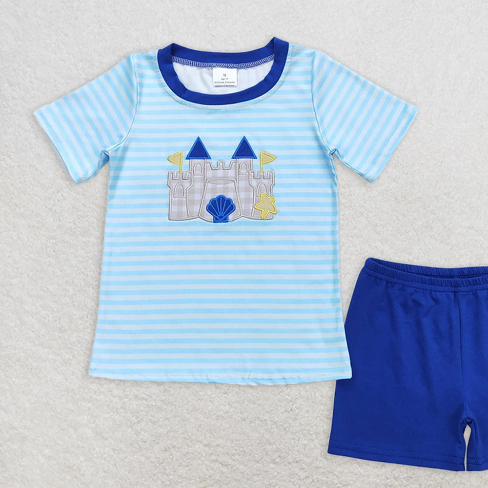 BSSO0747 RTS NO MOQ Baby Boys Summer Boys Outfits Baby Boys Blue Stripes Castle Tee Shirts Tops Shorts Clothes Sets