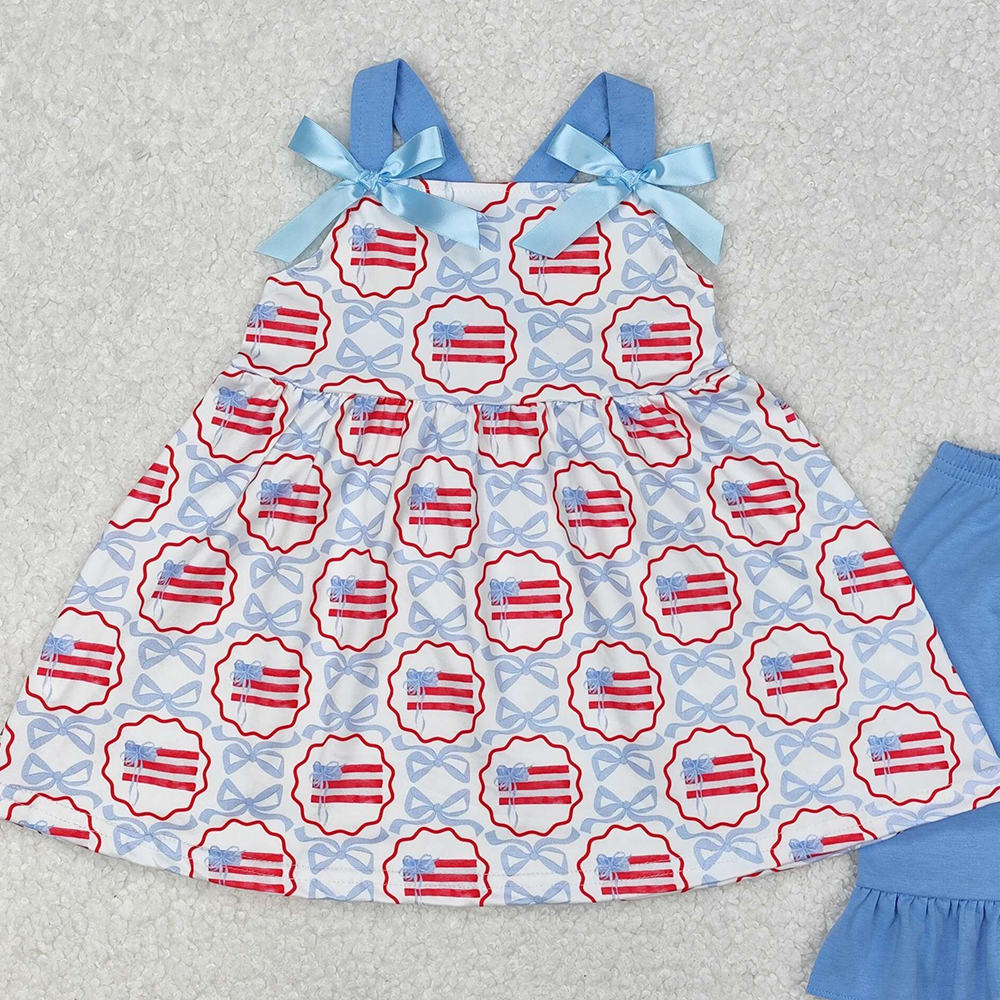 GSSO2074Kids Girls Blue Straps Bow Flag Outfit 4th of July Patriotic Clothing