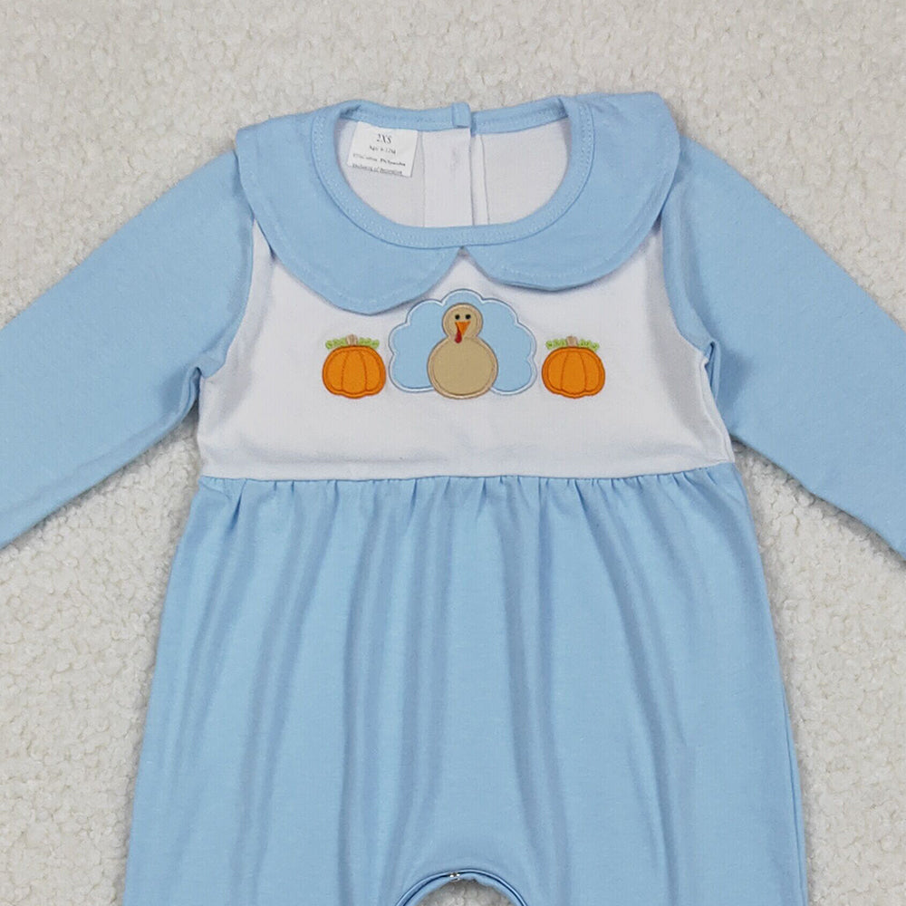 10.10 RTS NO MOQ (In stock)LR2562 Baby Boys Winter Rompers Embroidery Pumpkins Turkey Baby Boys Blue Thanksgiving Footed Rompers