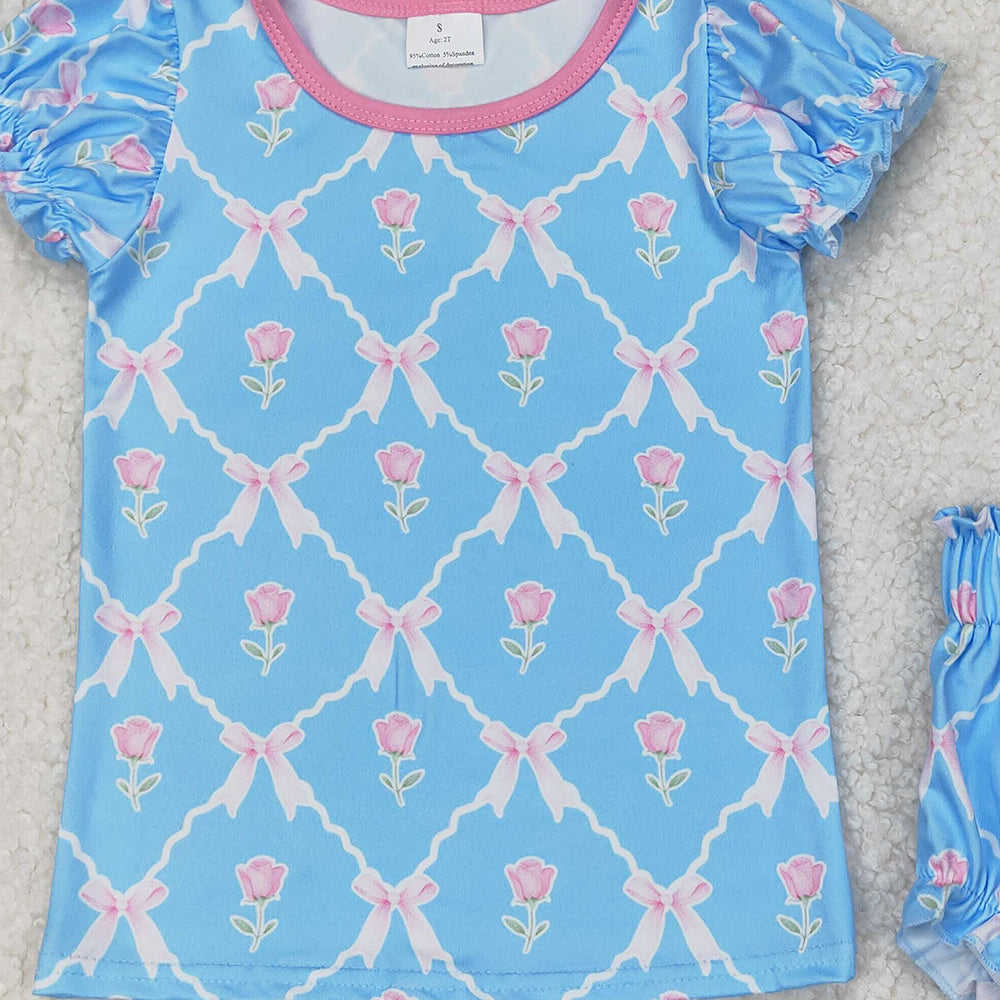 GBO0461 RTS NO MOQ Baby Girls Blue Short Ruffle Sleeves Bows Plaid Top Bummies Valentines Set