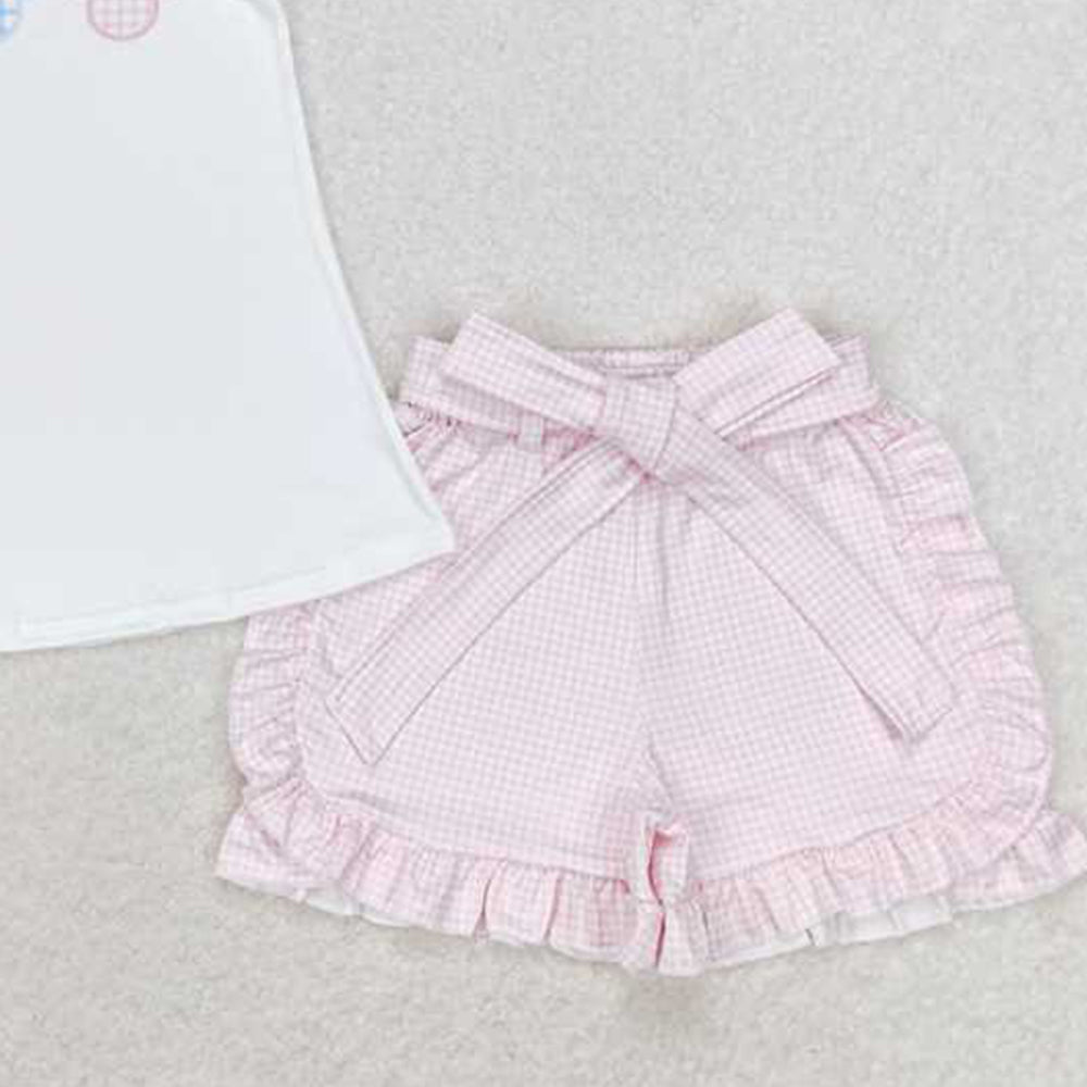 4.12 GSSO1136 RTS NO MOQ White flutter sleeves mouse top pink plaid shorts girls clothes