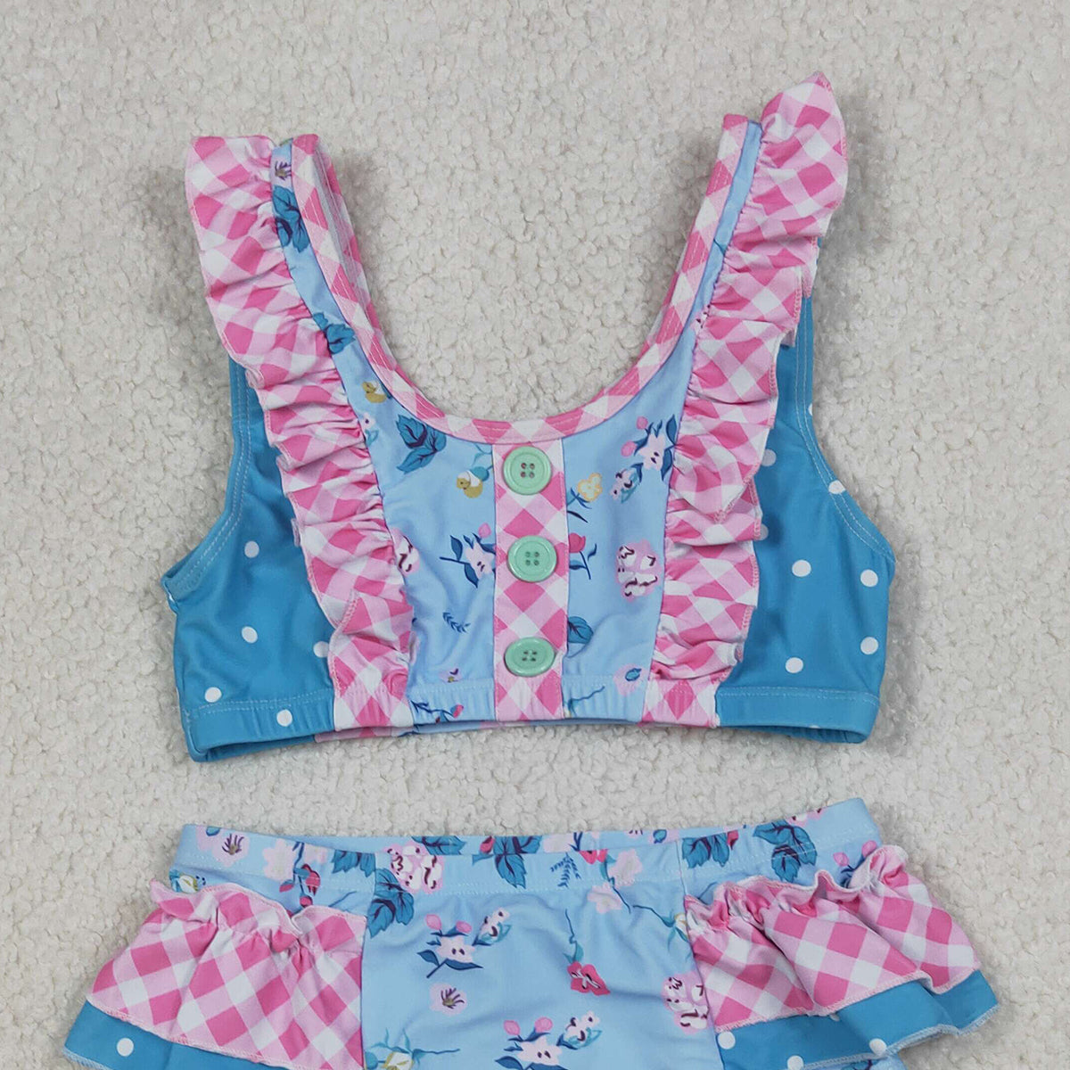 4.11 S0777 RTS NO MOQ (In stock )Baby Girls Sleeveless Flowers Button Vest Top Bummies Short Swimsuits