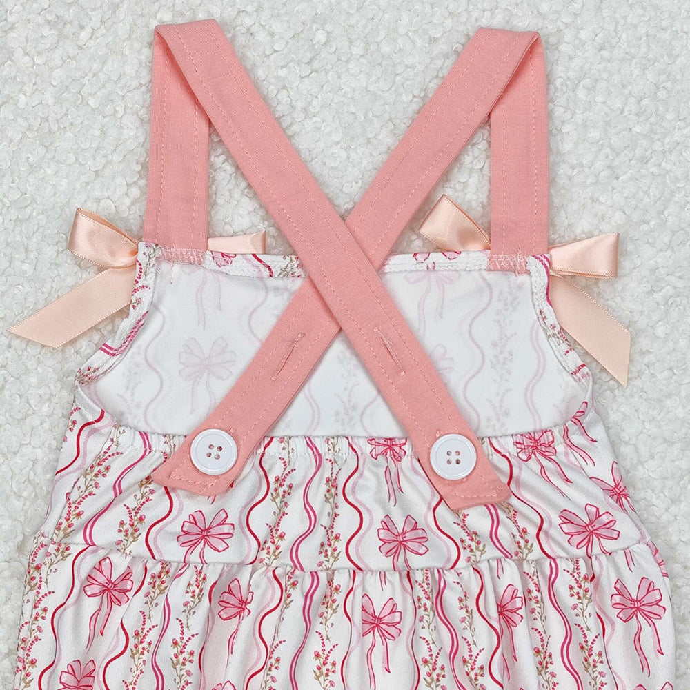 SR2704Floral Baby Girls Summer Romper with Pink Straps Bow - Cute Infant Outfit for Girls