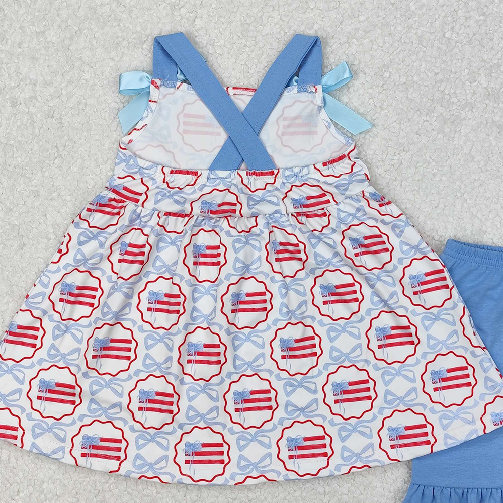 GSSO2074Kids Girls Blue Straps Bow Flag Outfit 4th of July Patriotic Clothing