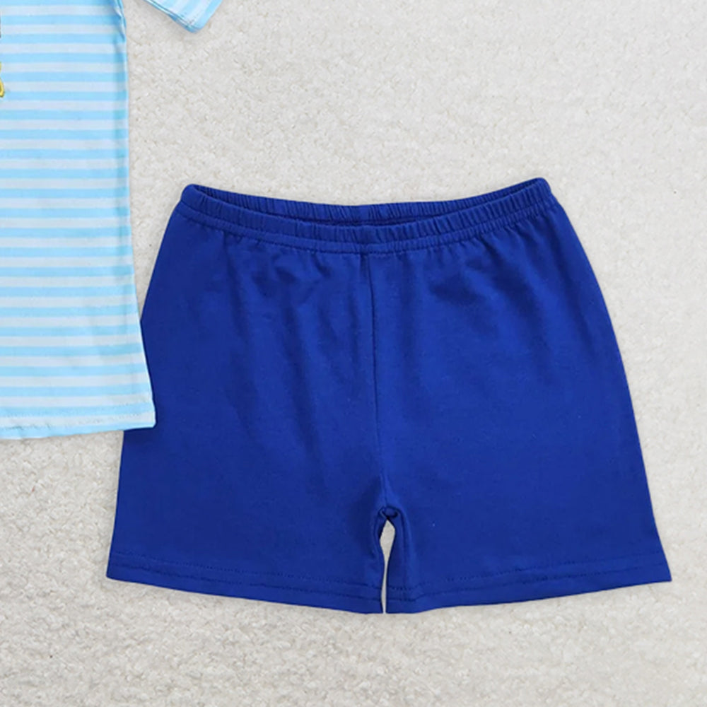 BSSO0747 RTS NO MOQ Baby Boys Summer Boys Outfits Baby Boys Blue Stripes Castle Tee Shirts Tops Shorts Clothes Sets