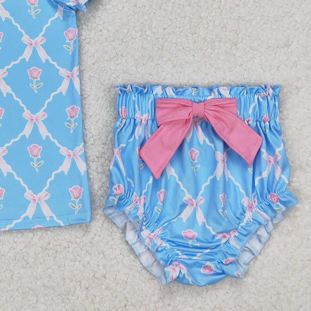 GBO0461 RTS NO MOQ Baby Girls Blue Short Ruffle Sleeves Bows Plaid Top Bummies Valentines Set