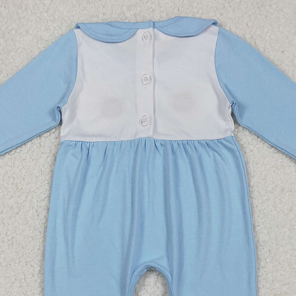 10.10 RTS NO MOQ (In stock)LR2562 Baby Boys Winter Rompers Embroidery Pumpkins Turkey Baby Boys Blue Thanksgiving Footed Rompers