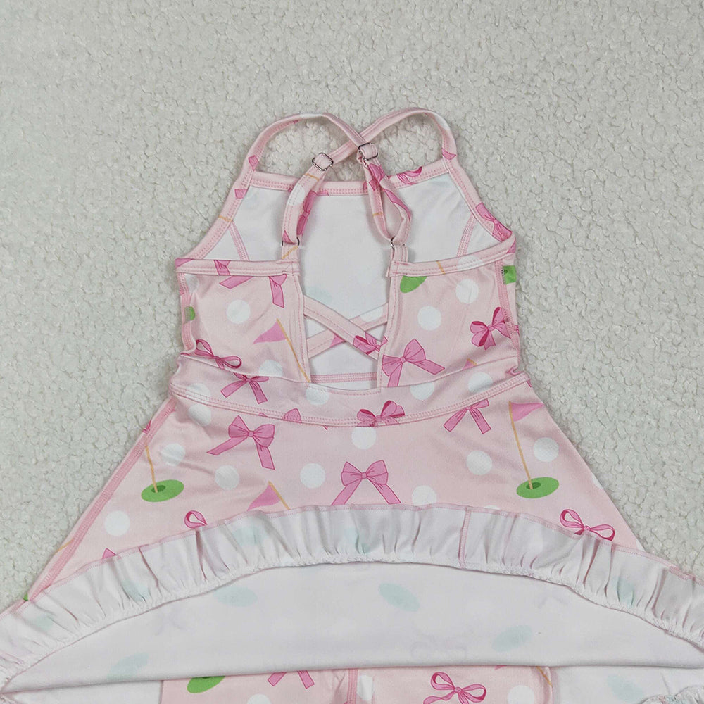 8.14 GSD2568RTS NO MOQ Baby Girls Summer Yoga Dress Baby Girls Strap Pink Bows Golf Flags Activity Wear Yoga Knee Length Dresses