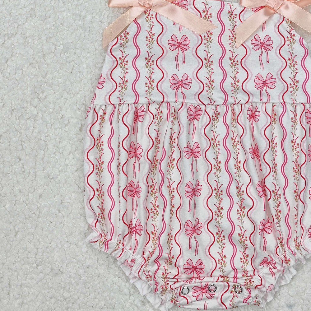 SR2704Floral Baby Girls Summer Romper with Pink Straps Bow - Cute Infant Outfit for Girls