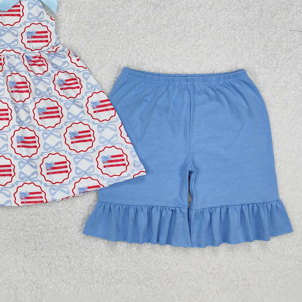 GSSO2074Kids Girls Blue Straps Bow Flag Outfit 4th of July Patriotic Clothing