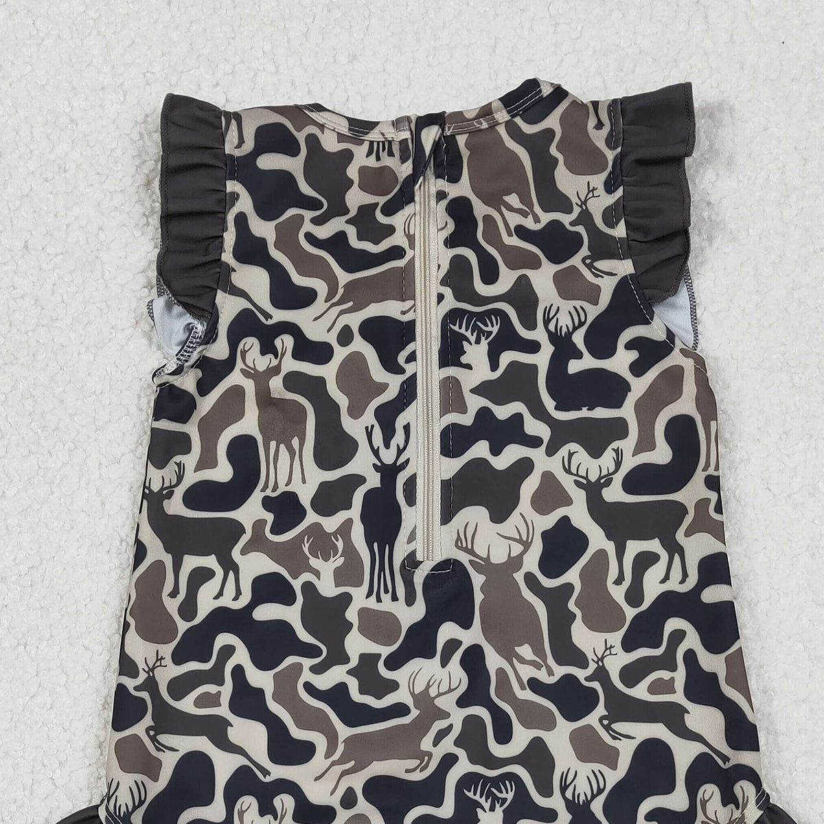 12.23 RTS NO MOQ (In stock)S0597 Baby Girls Southern Dark Brown Deer Camo Zipper Ruffle Swimsuits
