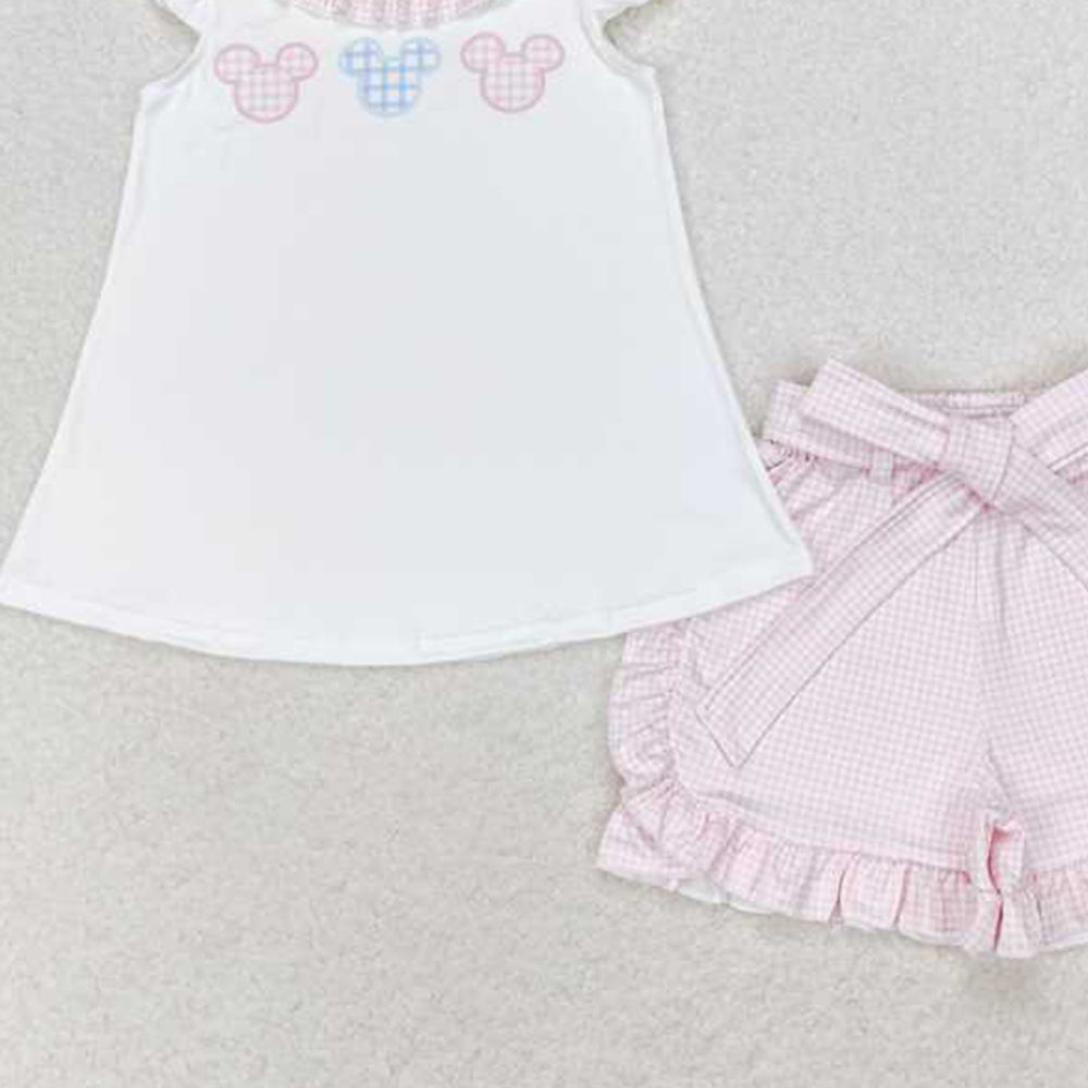 4.12 GSSO1136 RTS NO MOQ White flutter sleeves mouse top pink plaid shorts girls clothes
