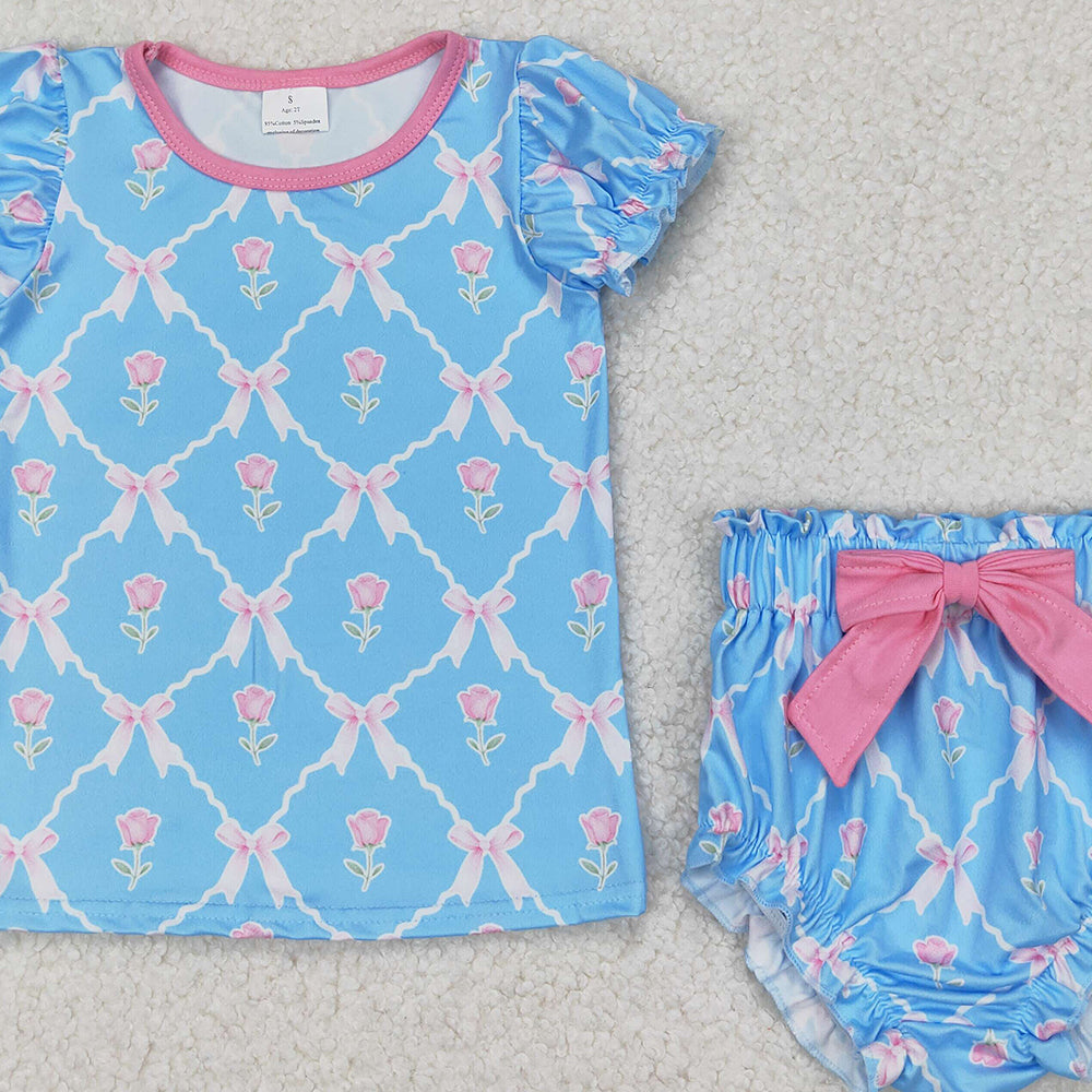 GBO0461 RTS NO MOQ Baby Girls Blue Short Ruffle Sleeves Bows Plaid Top Bummies Valentines Set