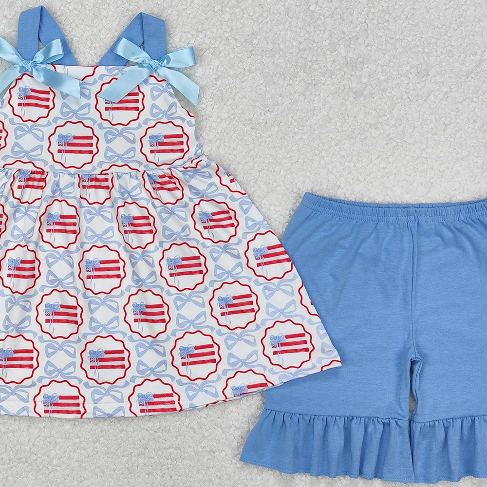 GSSO2074Kids Girls Blue Straps Bow Flag Outfit 4th of July Patriotic Clothing