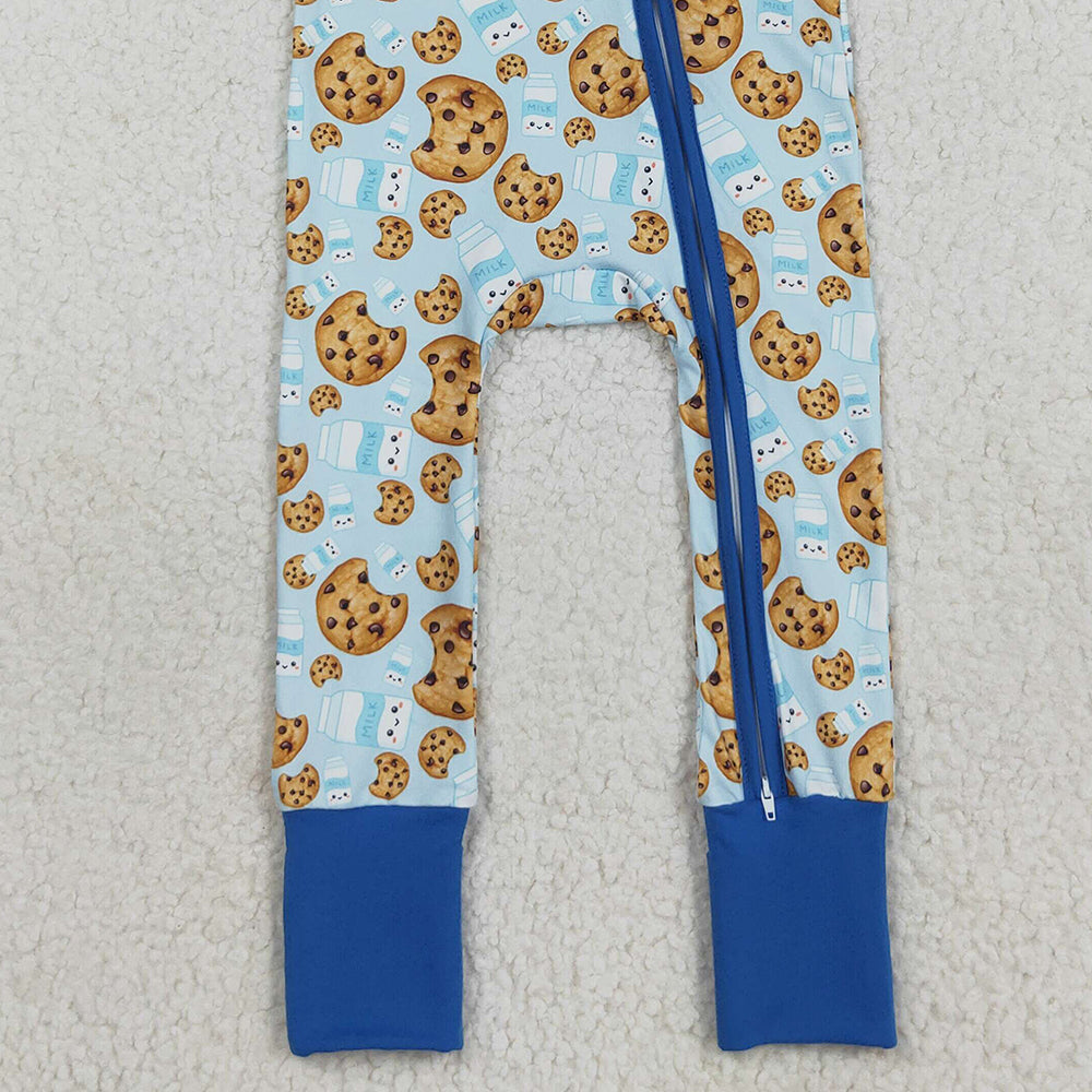 RTS NO MOQ (In stock)LR2397 Baby Boys Winter Rompers Baby Boys Blue Milk Cookies Christmas Zipper Pant Rompers