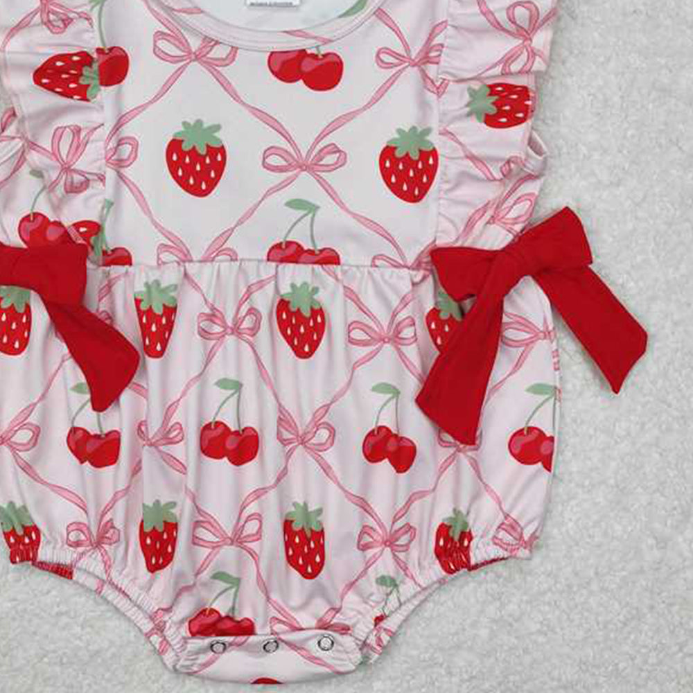SR2295 RTS NO MOQ Ruffle pink bow strawberry cherry baby girls romper