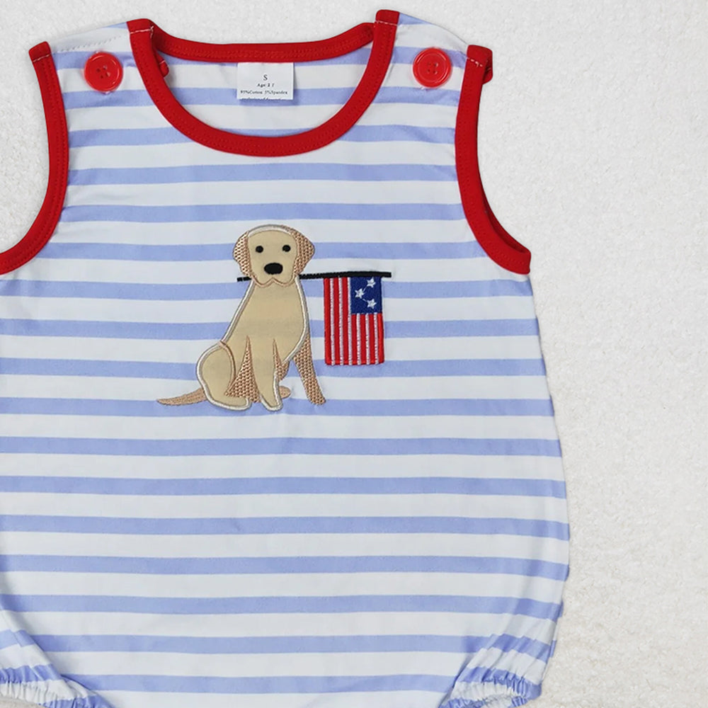 SR1080 RTS NO MOQ Baby Boys Summer Rompers Embroidery Baby Infant Boys Blue Stripes Dog Flag Sleeveless Summer Rompers