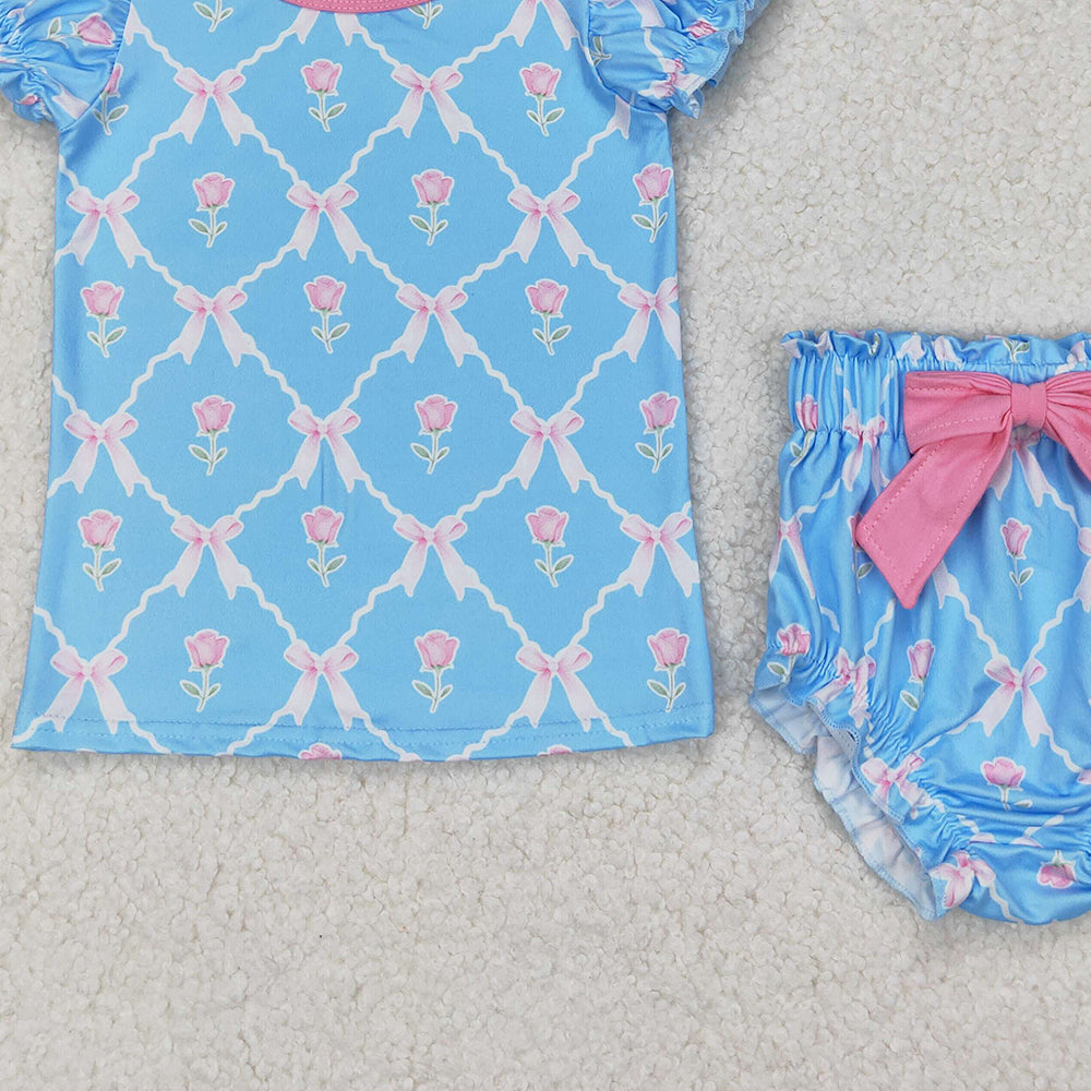 GBO0461 RTS NO MOQ Baby Girls Blue Short Ruffle Sleeves Bows Plaid Top Bummies Valentines Set