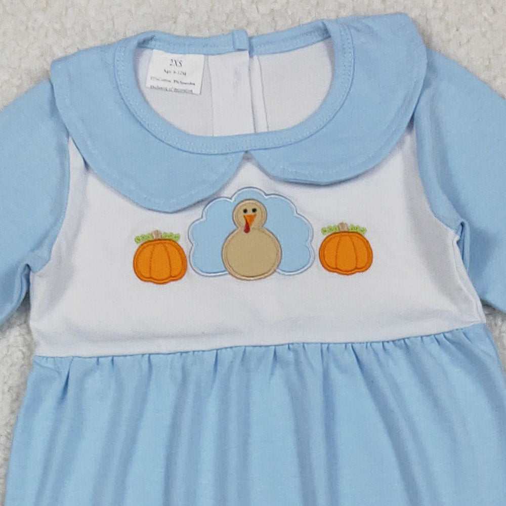 10.10 RTS NO MOQ (In stock)LR2562 Baby Boys Winter Rompers Embroidery Pumpkins Turkey Baby Boys Blue Thanksgiving Footed Rompers